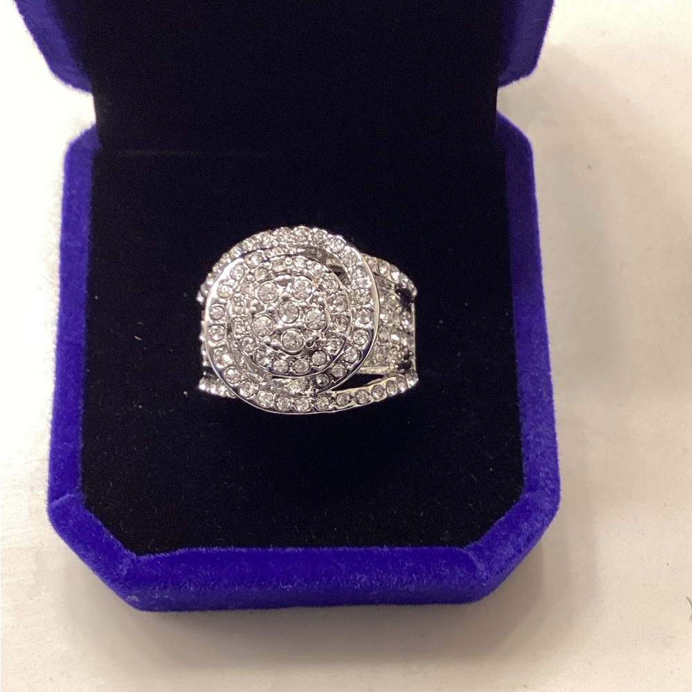 JTV Silver-Tone Spiral Crystal Cocktail Ring